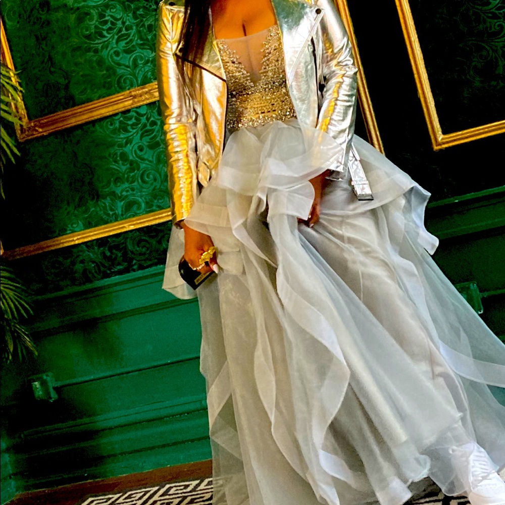 Silver Prom dress ,beaded and ruffles size 12